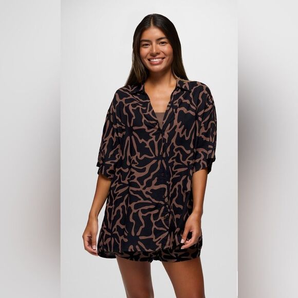 NWT PrAna The Bahamas Button-Up Top Black Boogie Bloom Size XS